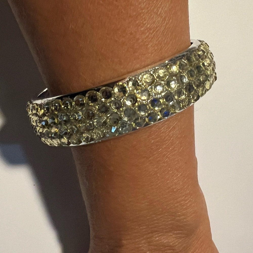 Silver-Tone Rhinestone Bangle Bracelet - Shiny Faceted Edge